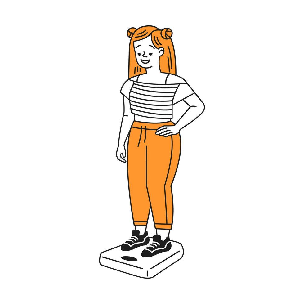 Cheerful young woman with red hair smiling while standing on a scale. Illustrative style with orange and white colors. Casual fashion and health concept. vector