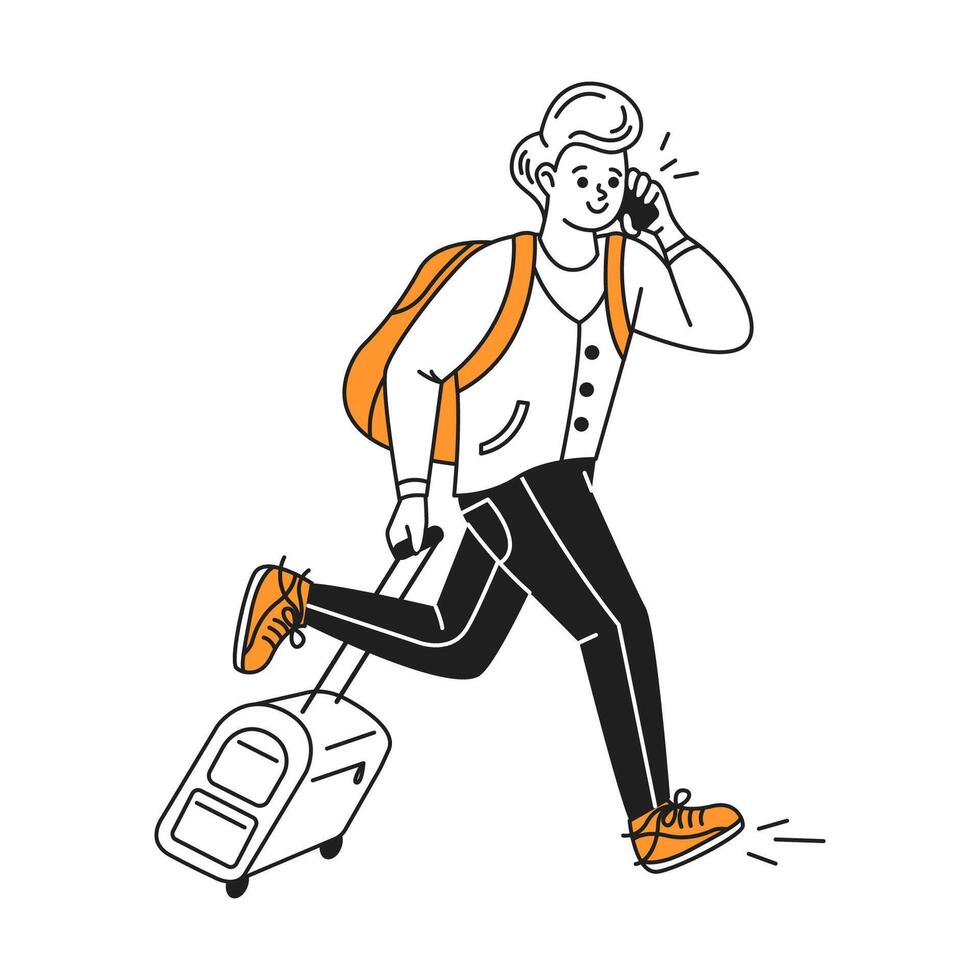 Illustration of a man happily running with a suitcase while talking on the phone. He wears casual clothes with an orange backpack. Cartoon style on a white background. vector