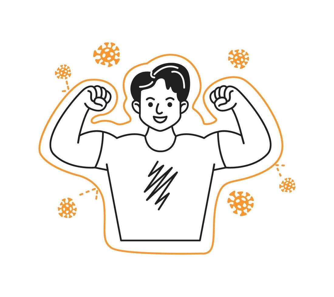 Illustration of a happy man flexing muscles surrounded by virus symbols. Black and orange colors enhance theme of health and immunity. Ideal for wellness topics. vector