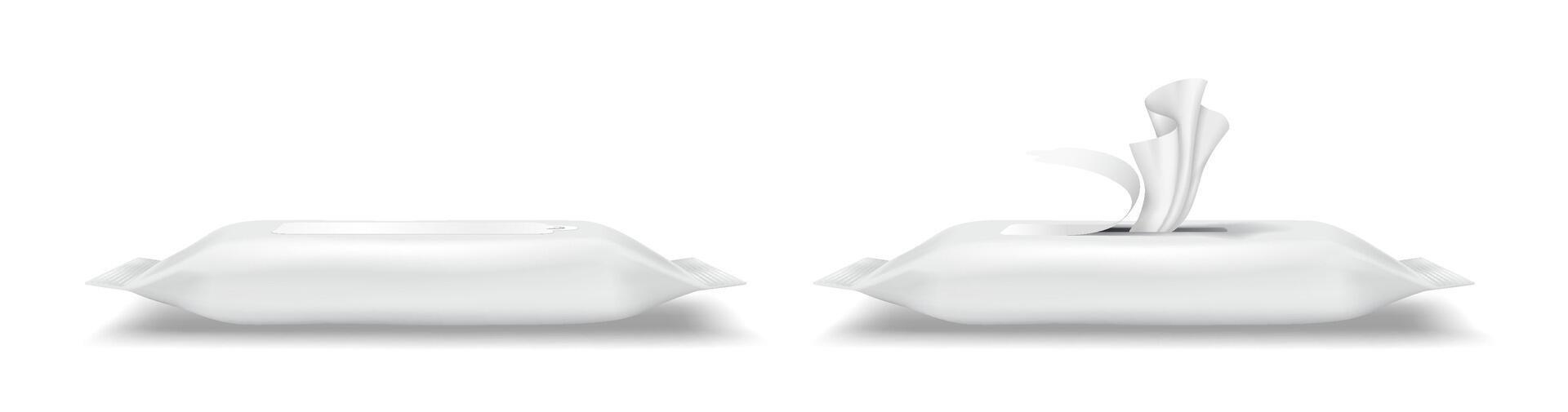 Two realistic packages of white wet wipes on a plain white background. The first package is sealed, while the second shows wipes being pulled out. Useful for hygiene products branding. vector