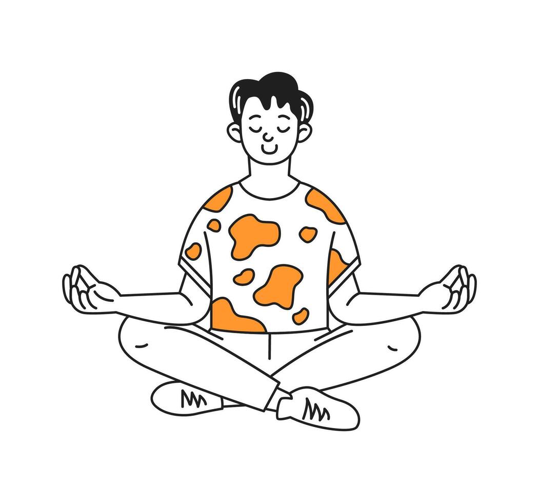 Cartoon illustration of a relaxed person meditating. They sit crosslegged with closed eyes and a peaceful smile. Black and white design with orange accents. vector
