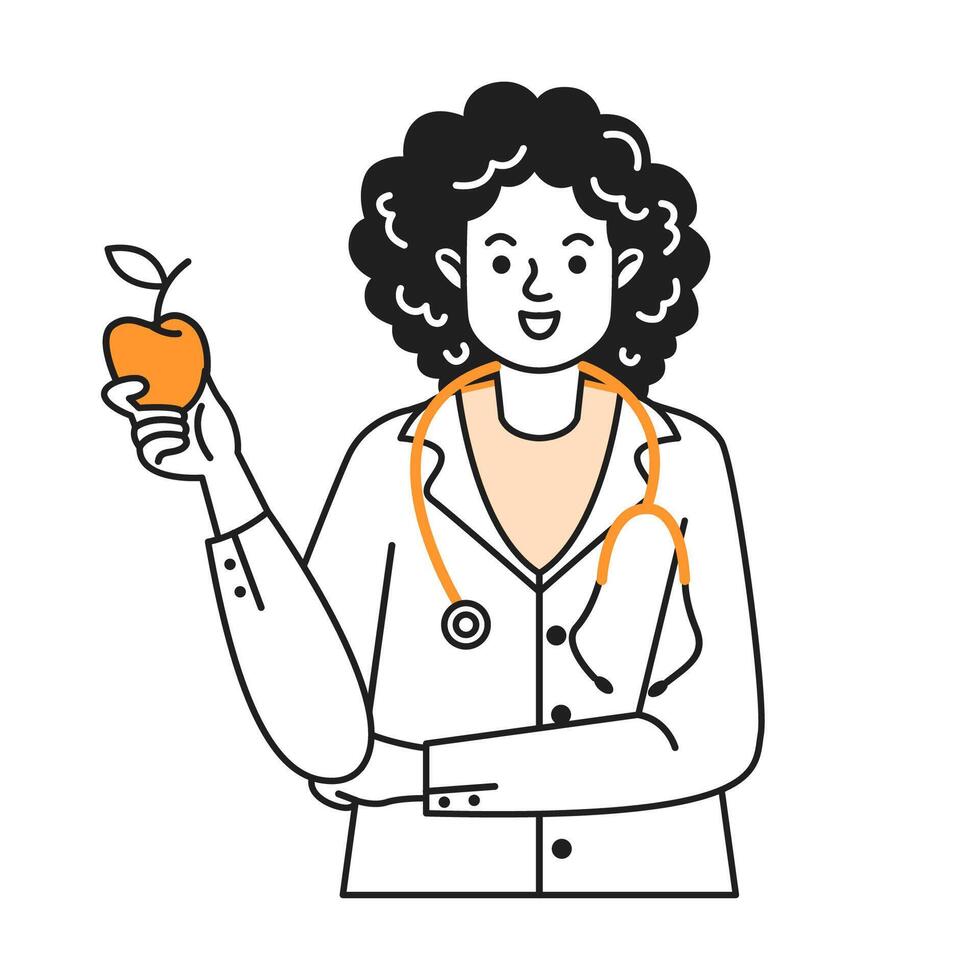Illustration of a smiling doctor with curly hair holding an apple. Emphasizes health and nutrition. Simple black and orange line art style on white background. vector