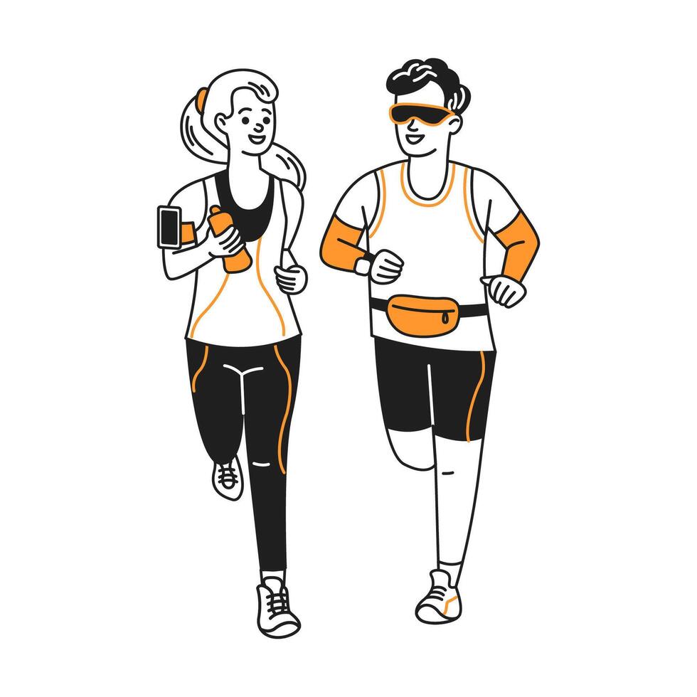 Dynamic cartoon illustrating a man and woman jogging. Both are dressed in sporty attire. The background is simple and white to emphasize their movement and energy. vector