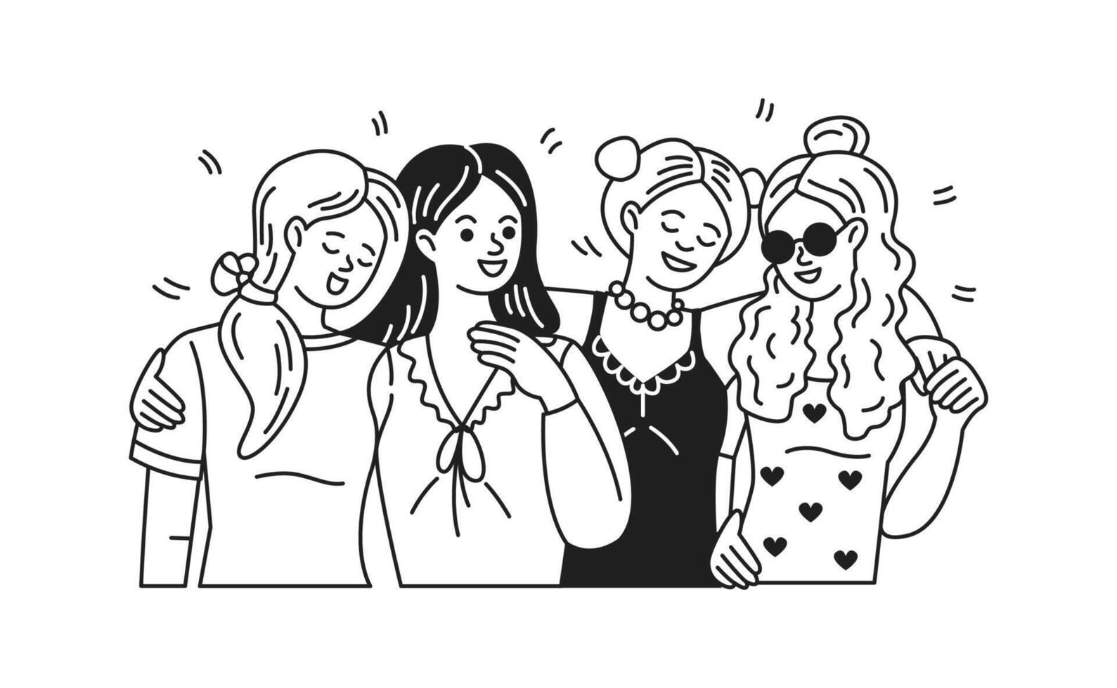 Illustration of four joyful women in simple line art. They stand closely with cheerful expressions, celebrating friendship. Black and white drawing suitable for casual themes. vector