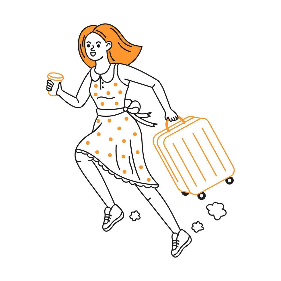A cheerful woman running with a suitcase in hand, on a white background. Her orange hair and polka dot dress add vibrancy to the scene. It conveys a sense of urgency and joy. vector