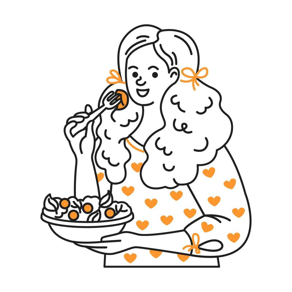 Line art illustration of a woman enjoying a fresh salad. Features a joyful expression with heart patterns on her shirt. Uses vibrant orange accents on a white background. vector