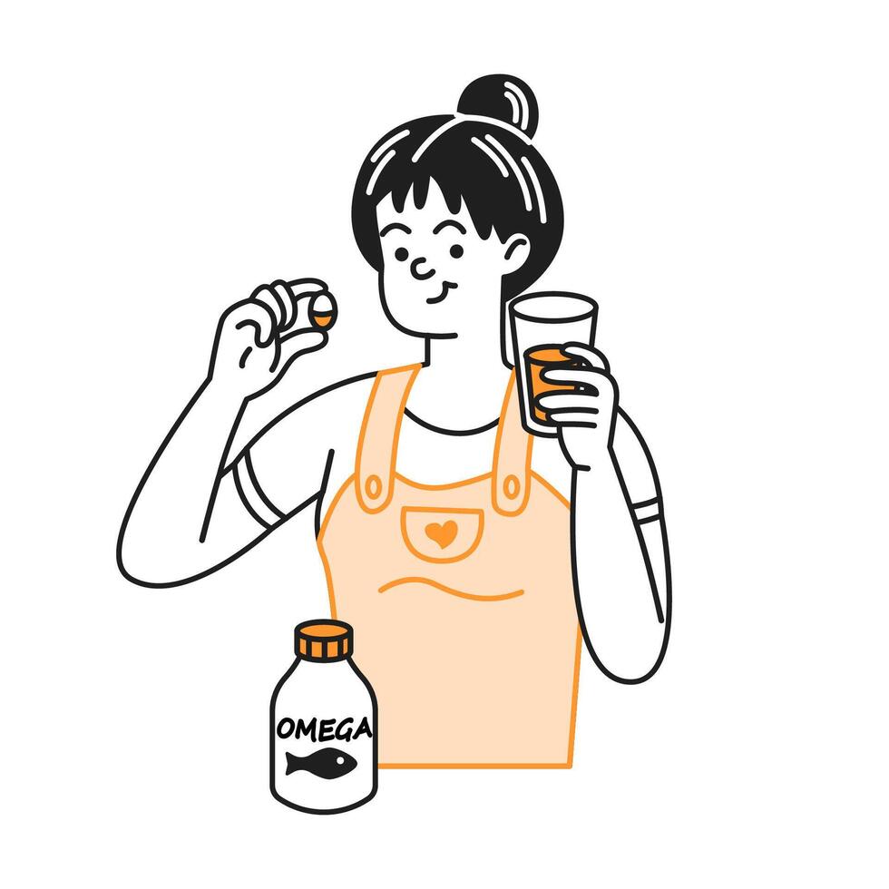 Illustration of person holding omega capsule and juice. Simple colors and clear backdrop promote healthy lifestyle and wellness. An essential daily routine. vector