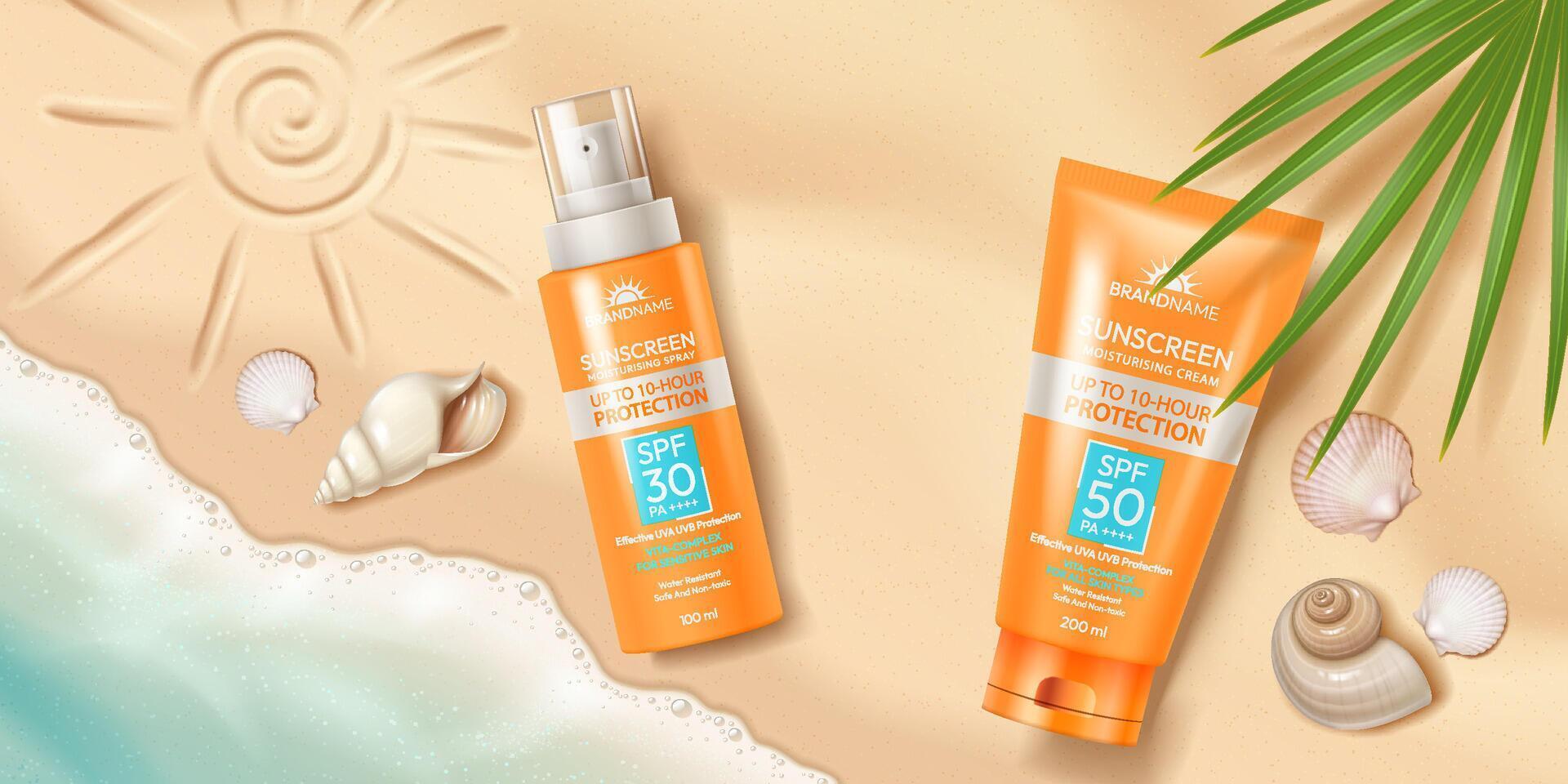 Sunscreen bottles on a sandy beach vector