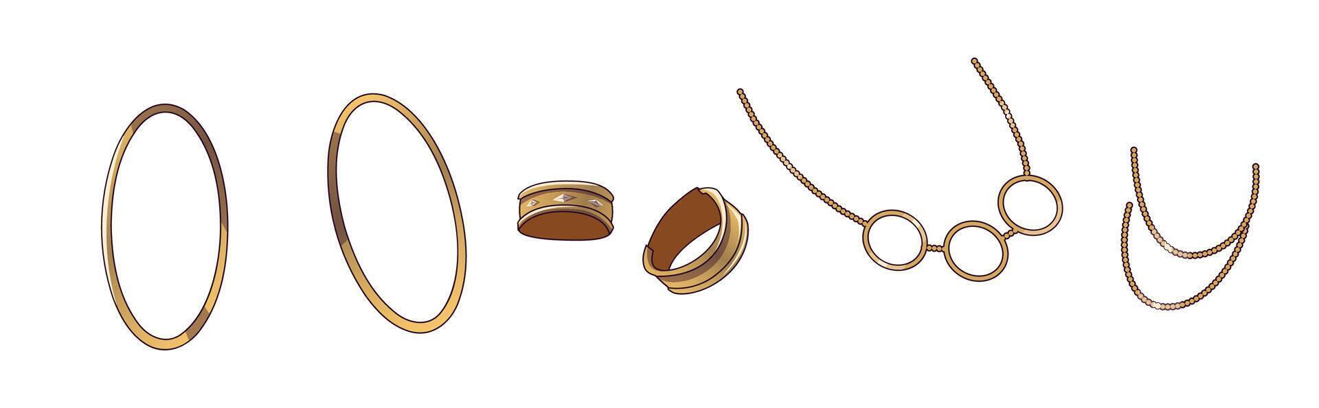 Illustration of various gold jewelry including rings and necklaces with a simple backdrop. Elegant and sophisticated design ideal for fashion or accessory themes. vector