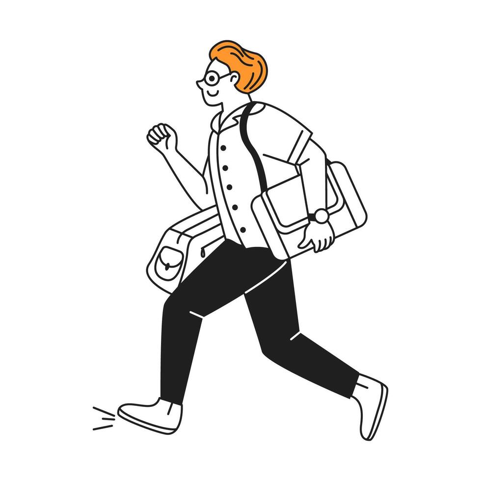Cartoon illustration of a professional with a laptop and bag. Simple lines and vibrant colors show a dynamic and contemporary lifestyle on clear background. vector
