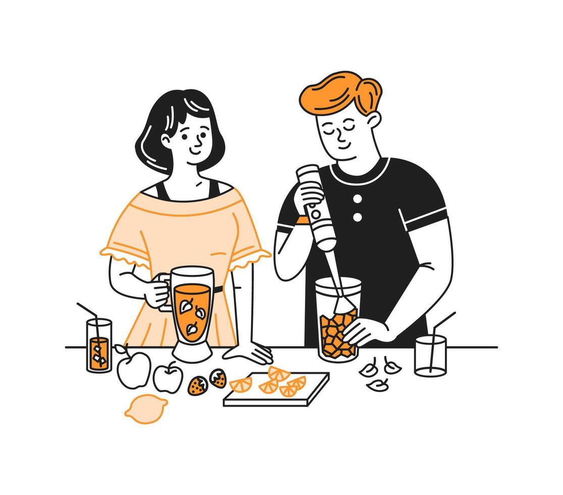 Illustration of a cheerful couple preparing fresh fruit smoothies. One is blending fruits while the other holds a glass. Simple design with orange accents on a white background. vector