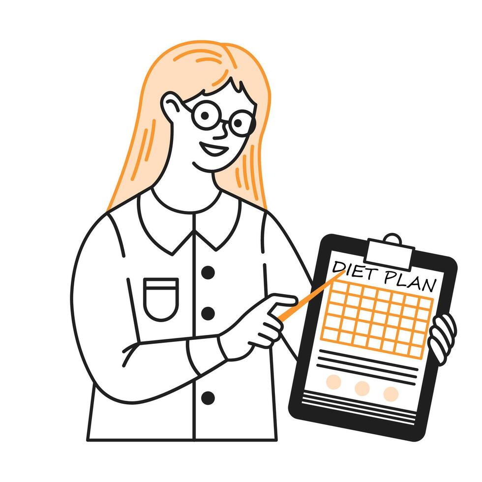 Smiling woman with glasses presenting a structured diet plan. She holds a clipboard and points at the chart with enthusiasm. Minimalistic style with orange accents. vector