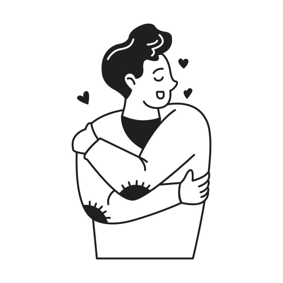 Black and white illustration of a person hugging themselves with joy. Simple style with hearts symbolizing selflove and happiness on clean white backdrop. vector