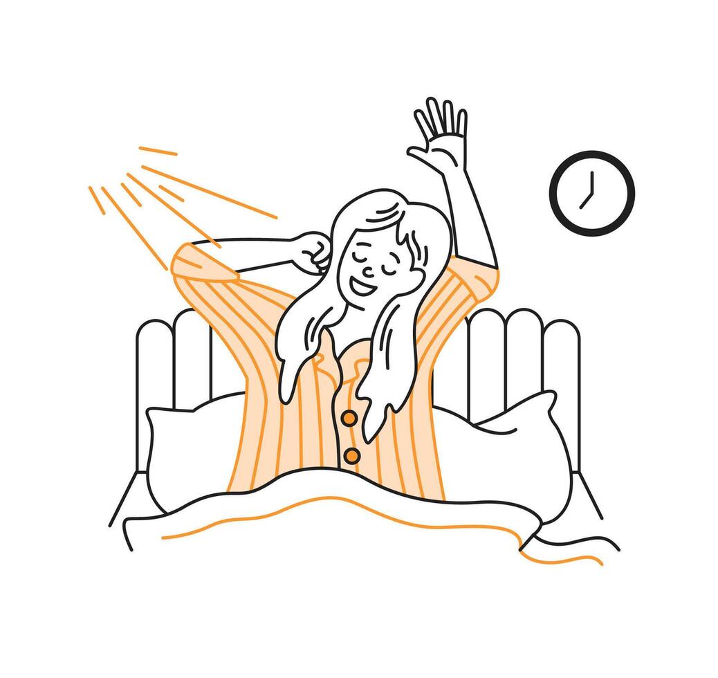 A woman joyfully stretches in bed, welcoming the morning light. She feels refreshed and ready to start the day. The illustration uses orange hues against a white background. vector