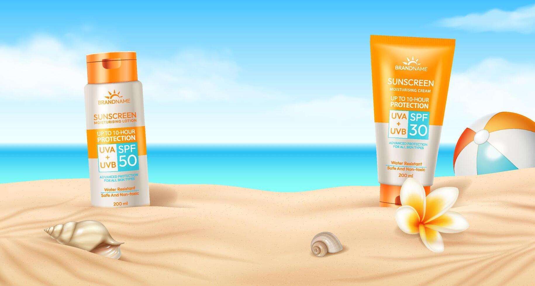 Sunscreen products on sandy beach vector
