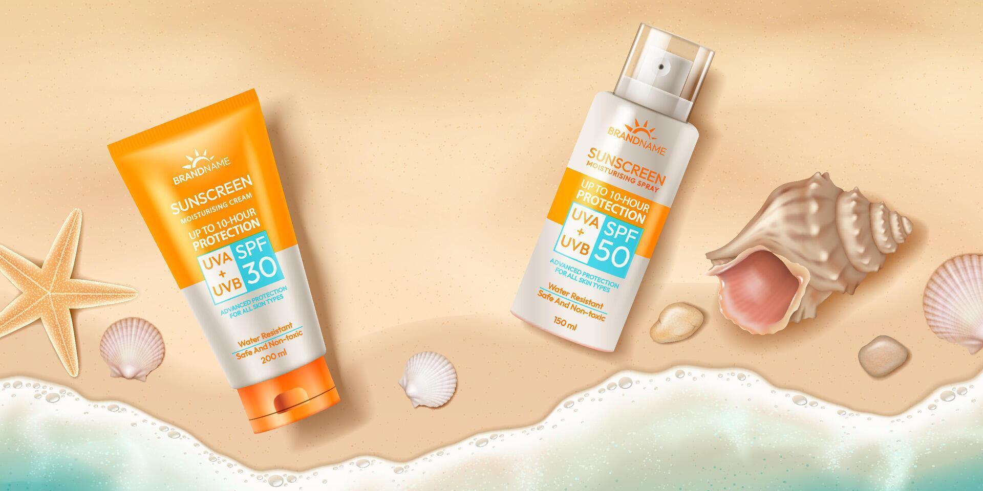 Sunscreen products on sandy beach vector