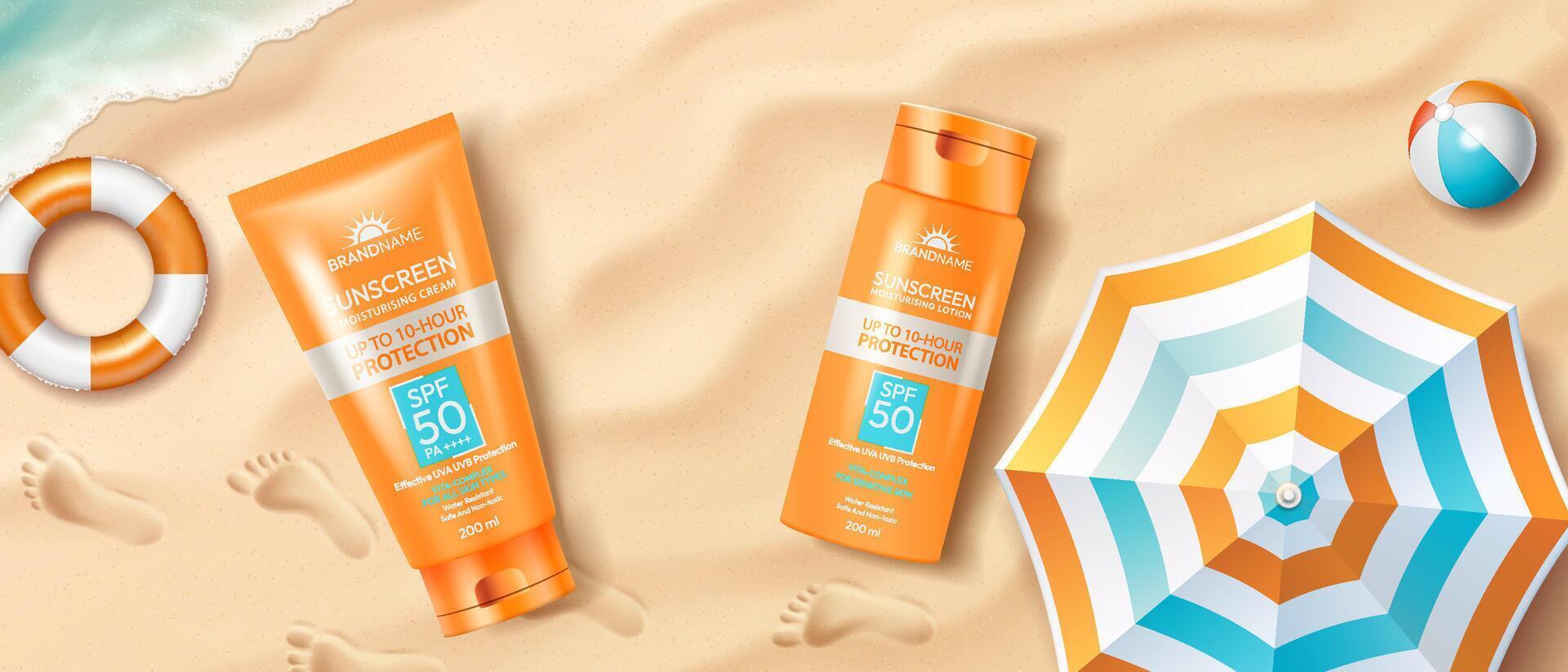 Two sunscreen products on sandy beach vector