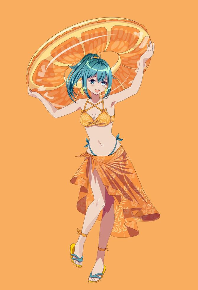 Anime girl with orange umbrella vector