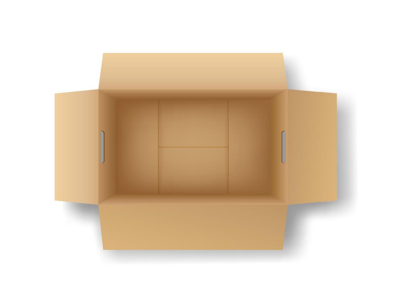Open cardboard box viewed from above. The box is empty and has side flaps open, revealing its interior. It has two handles on a plain white background. vector