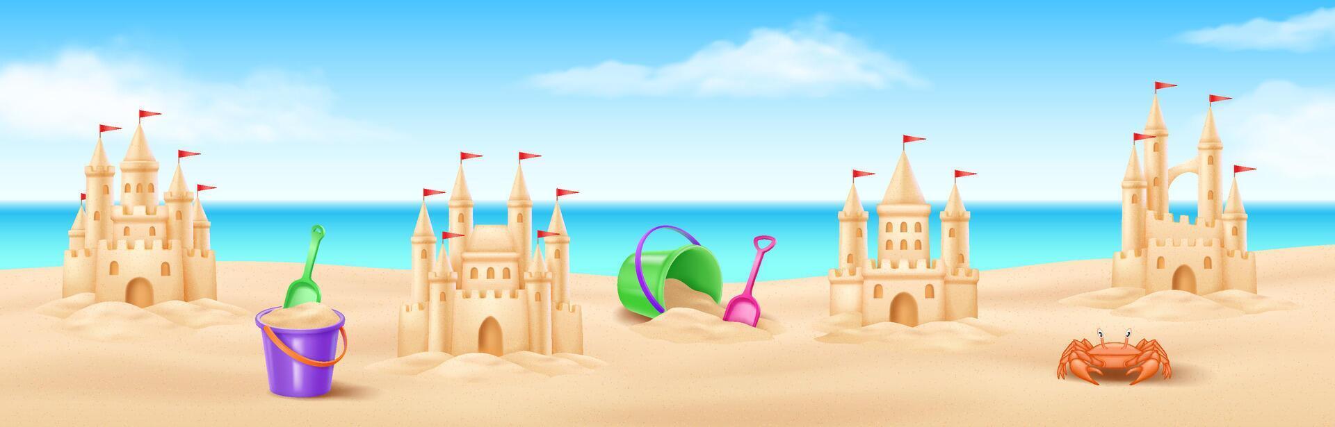 Detailed sandcastles and playful beach toys under a clear blue sky create a fun and sunny beach scene. A vibrant crab enhances the lively seaside atmosphere. vector