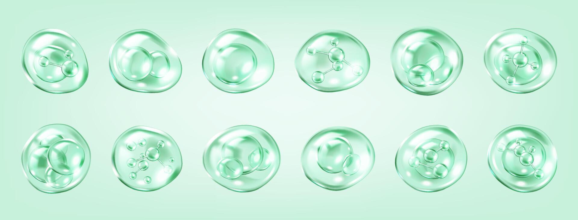 Collagen molecules bouncing in bubbles realistic color icons set. Serum for skincare 3d objects bundle on green background vector