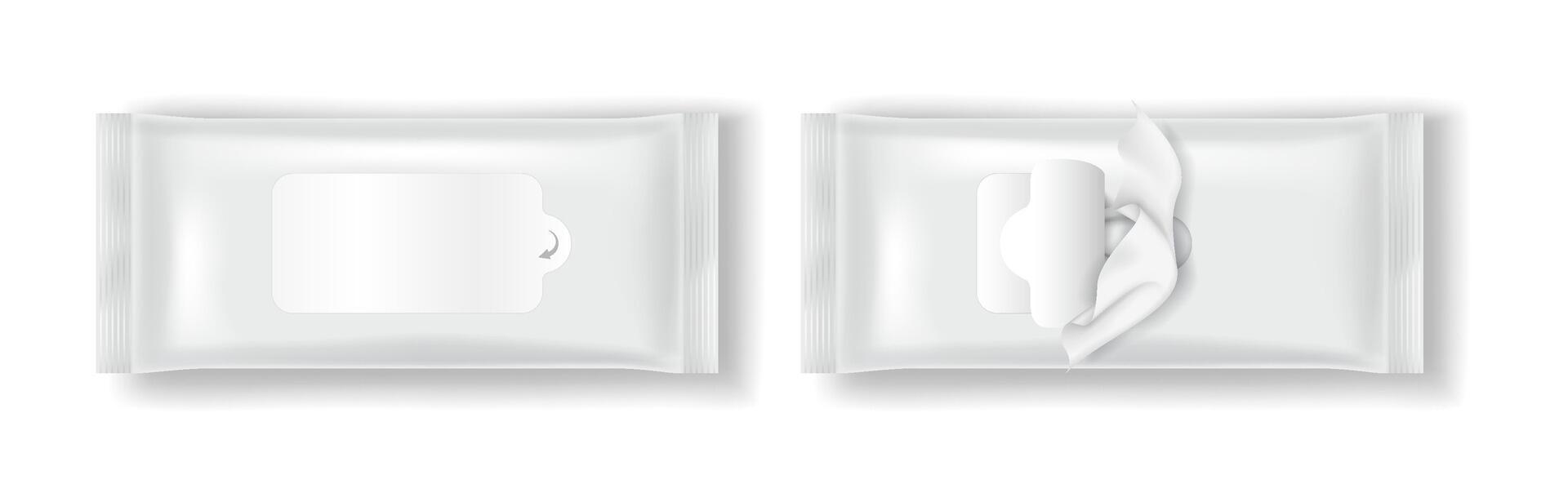 Realistic packaging mockup of wet wipes in white. Perfect for hygiene product presentations. Clean and minimal design suitable for branding on white background. vector