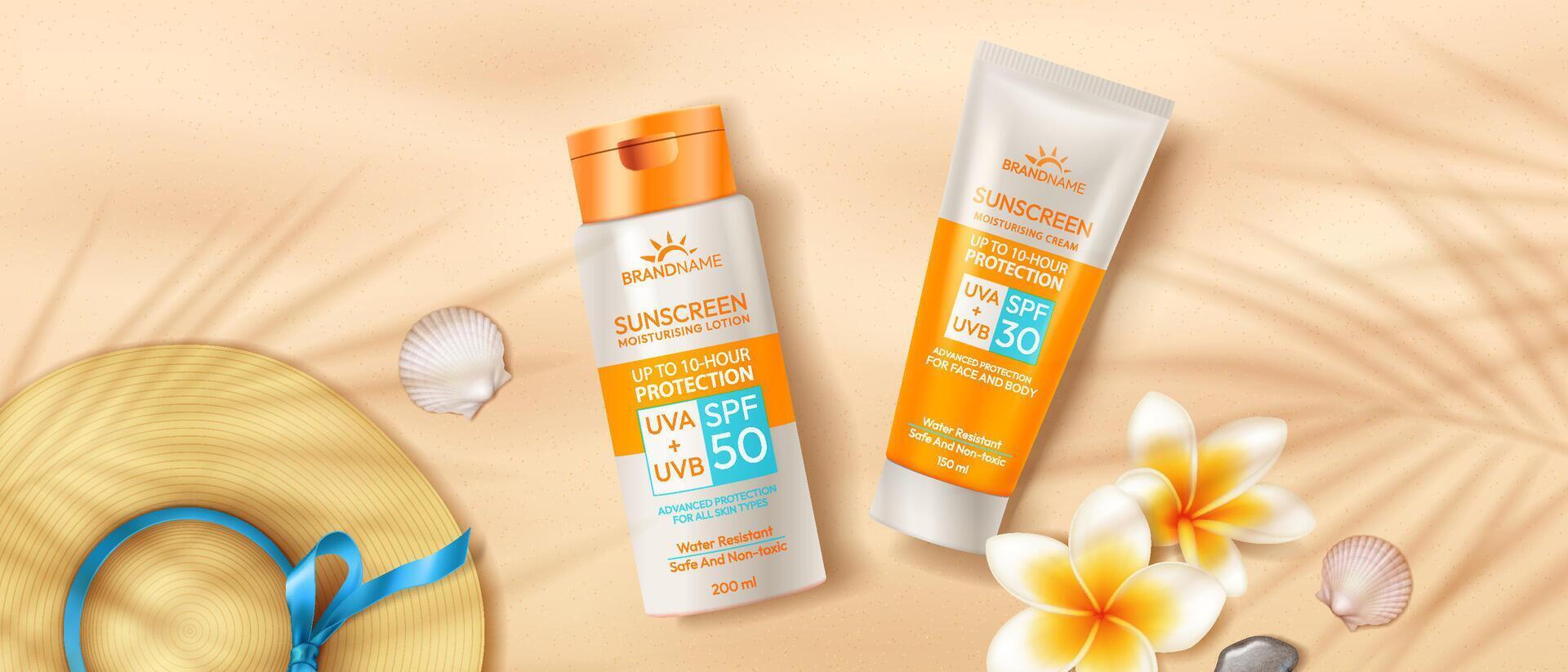 Sunscreen products placed on sandy beach background. Emphasizes sun protection with elegant tropical accents. Suitable for summer skincare promotions. vector
