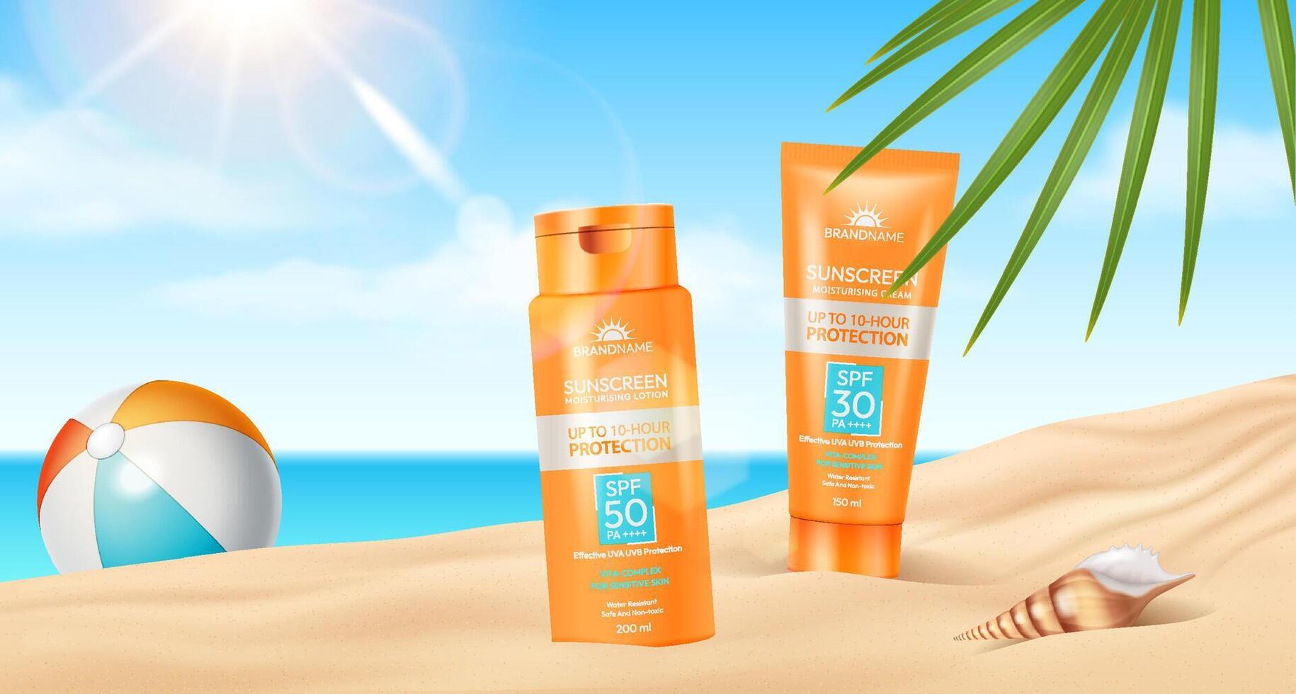 Illustration of sunscreen bottles on sunny beach with vibrant colors. Perfect for promoting skincare and sun protection. Bright, summery setting with tropical elements. vector