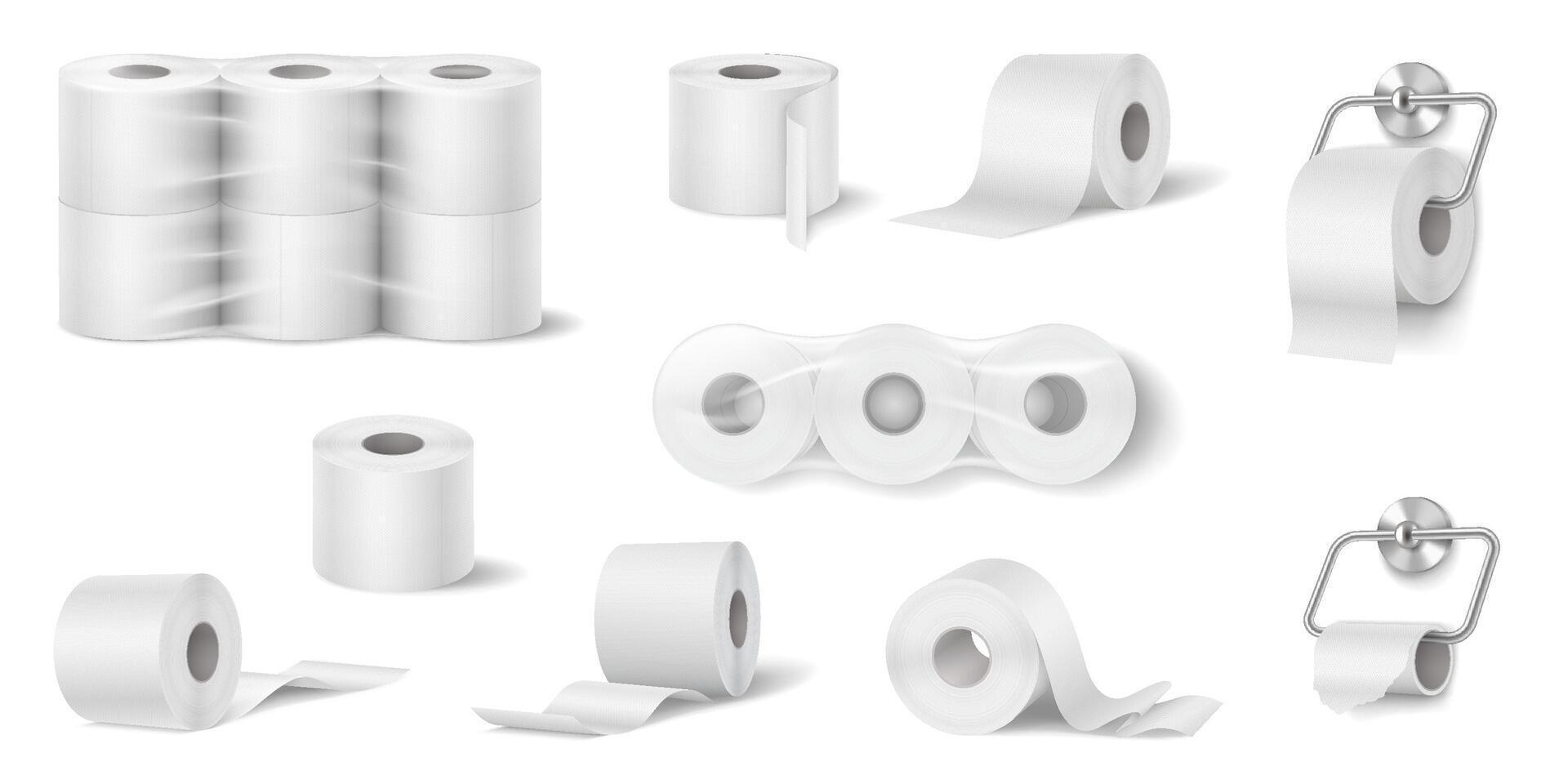 Illustration of toilet paper rolls in various settings. White color scheme. Useful for hygiene and health concepts, bathroom decor, and household essentials. vector