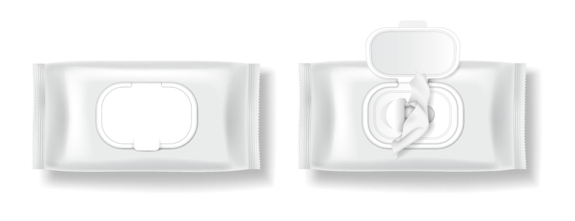 Realistic illustration of wet wipes packaging. The package is sleek and modern in design with an open lid. Ideal for hygiene and personal care products. vector