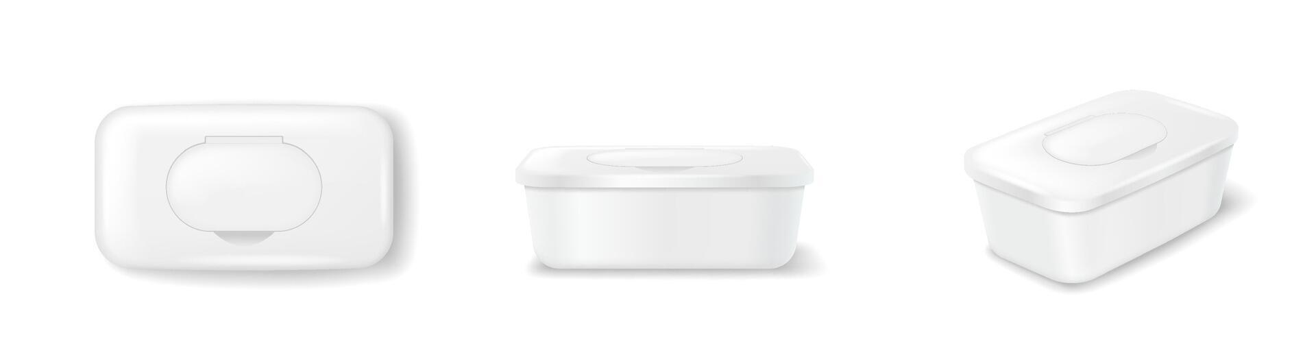Realistic illustration of white plastic wet wipe boxes in different angles. These containers are ideal for showcasing packaging designs. Isolated on a white background. vector
