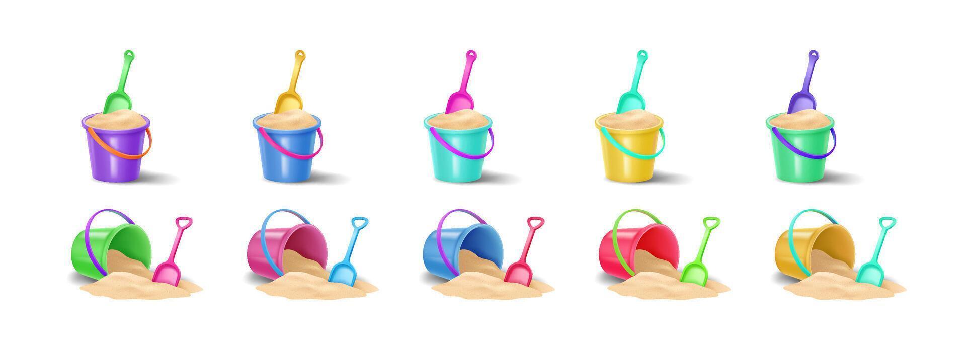 Brightly colored sand buckets with matching shovels on a white background. Some buckets are upright filled with sand while others are overturned spilling sand onto the ground. vector