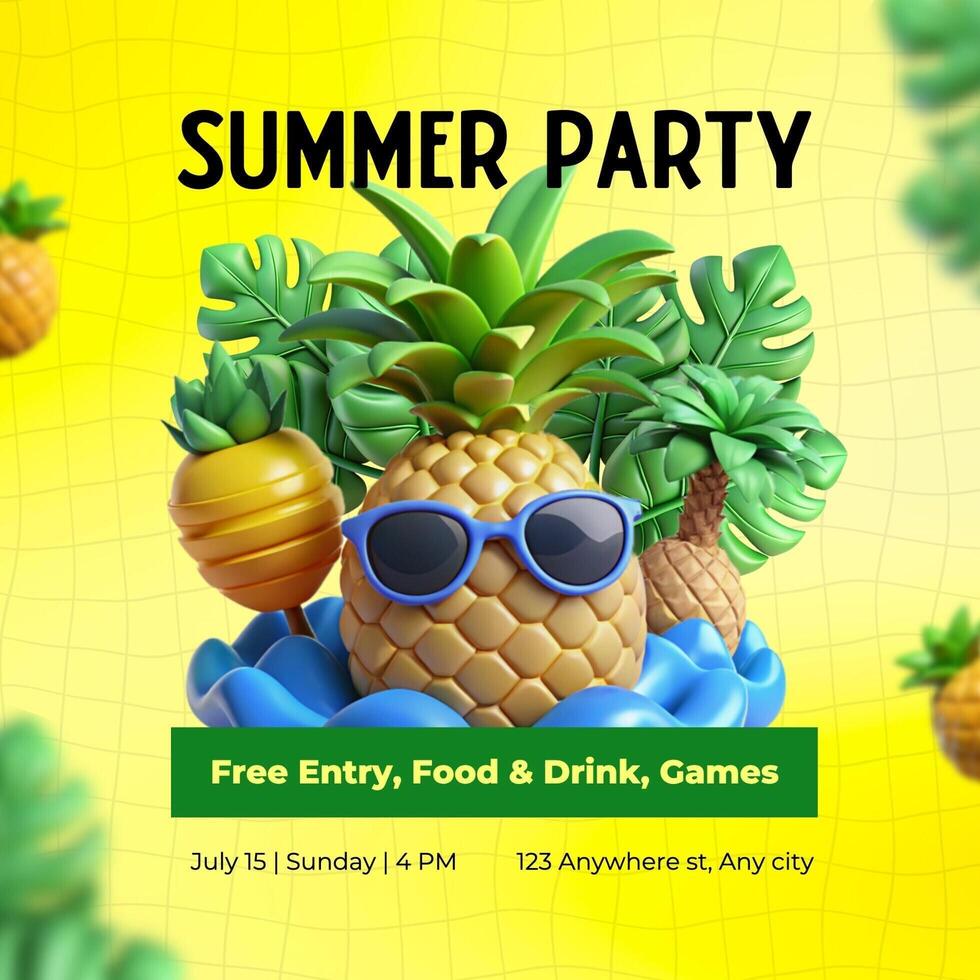3d yellow summer party instagram post template