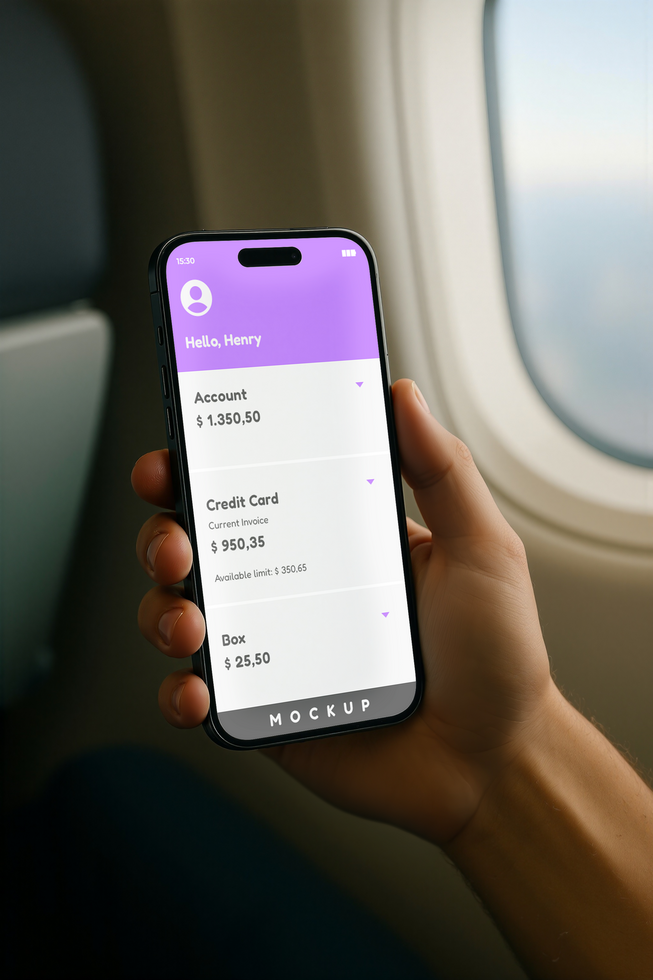 mockup of person holding smartphone on plane psd