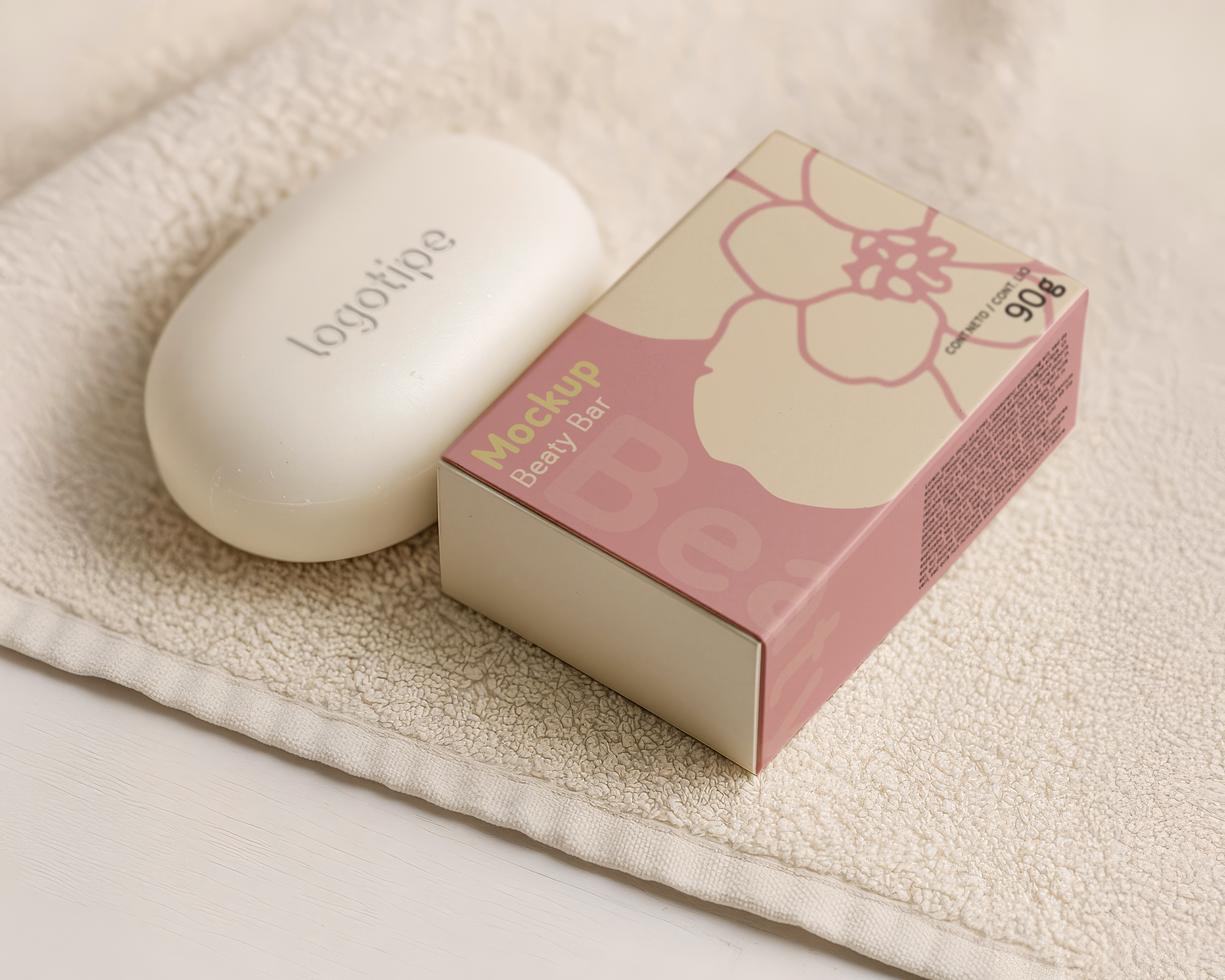 Soap box mockup with soap on the side and towel psd