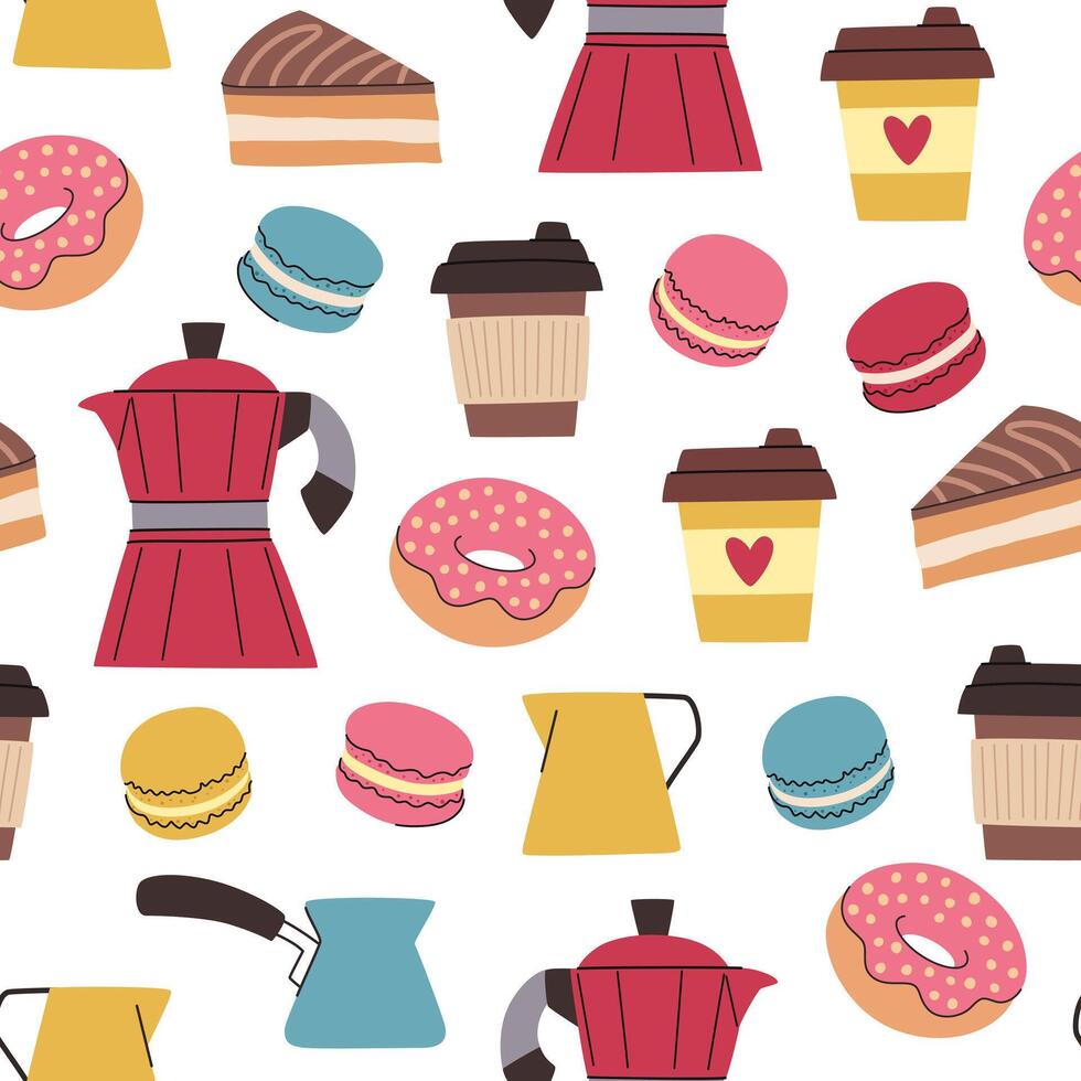 Coffee cartoon pattern. Coffee paper cups, donuts, macaroons, geyser coffee makers and cezves on a white background. vector