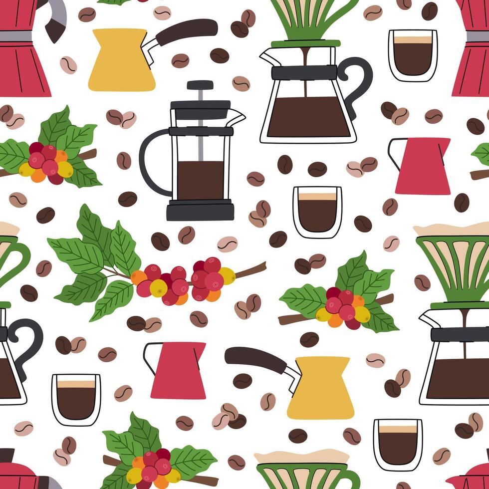 Pattern of coffee brewing equipment and beans vector