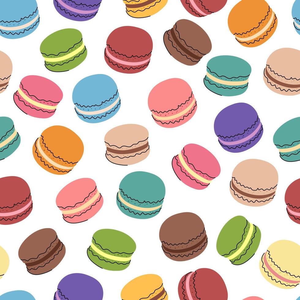 Multicolored macaroons cartoon seamless pattern. Macarons on white background. vector