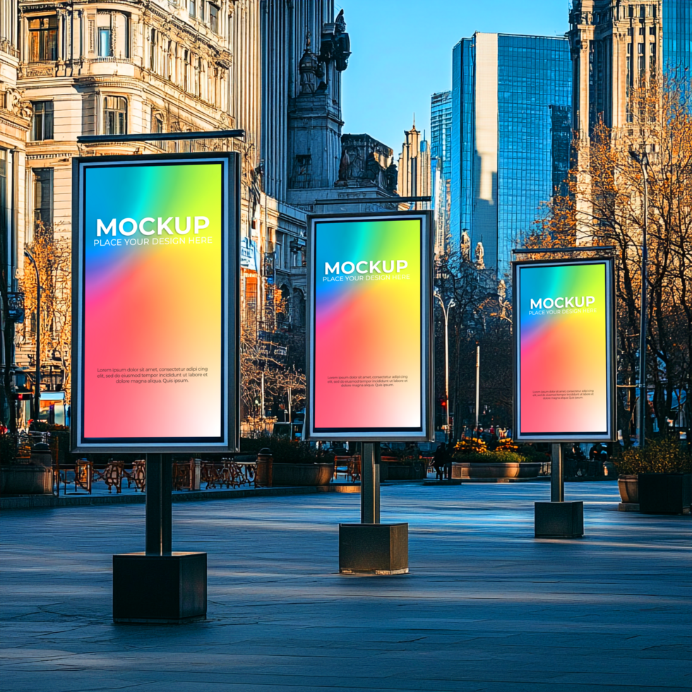 NYC Street Advertising Mockup of Three Digital Billboards Modern Cityscape Background psd
