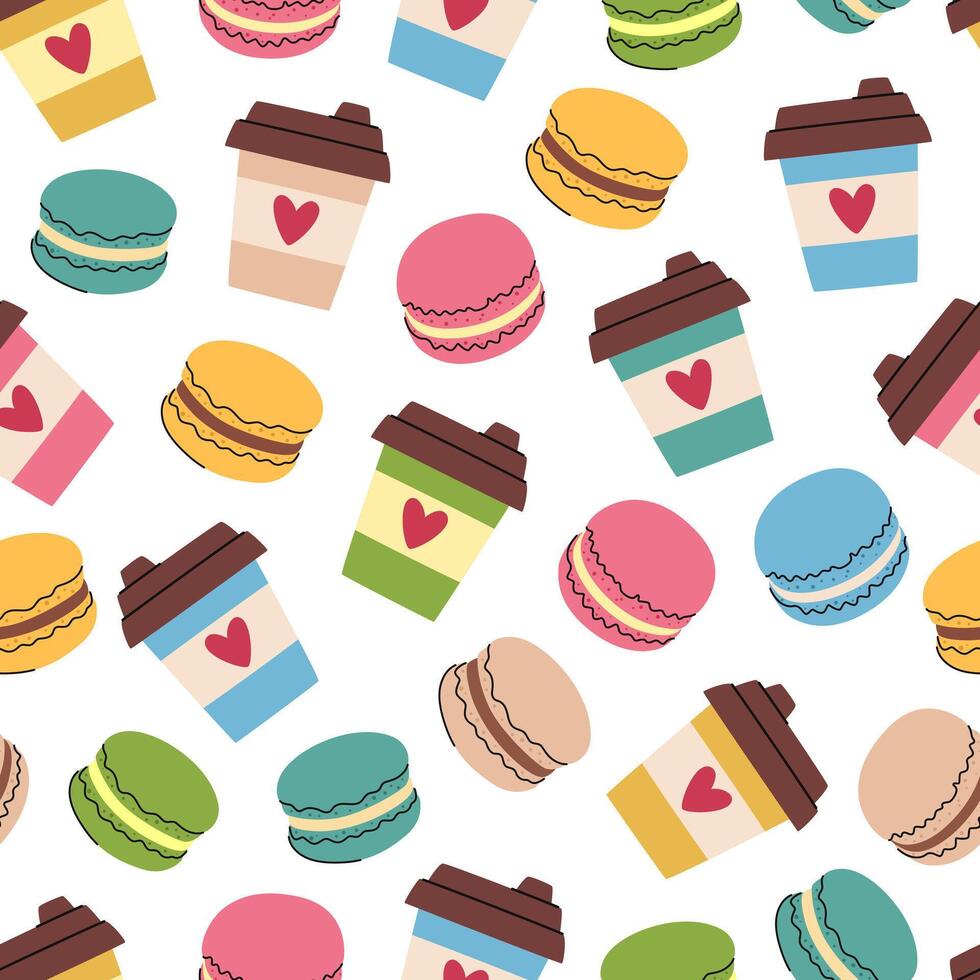 Coffee cartoon pattern. Multicolored paper coffee cups and macaroons. vector