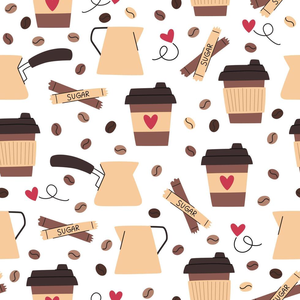Coffee cartoon pattern. Paper coffee cups, cezves and sugar sticks. vector