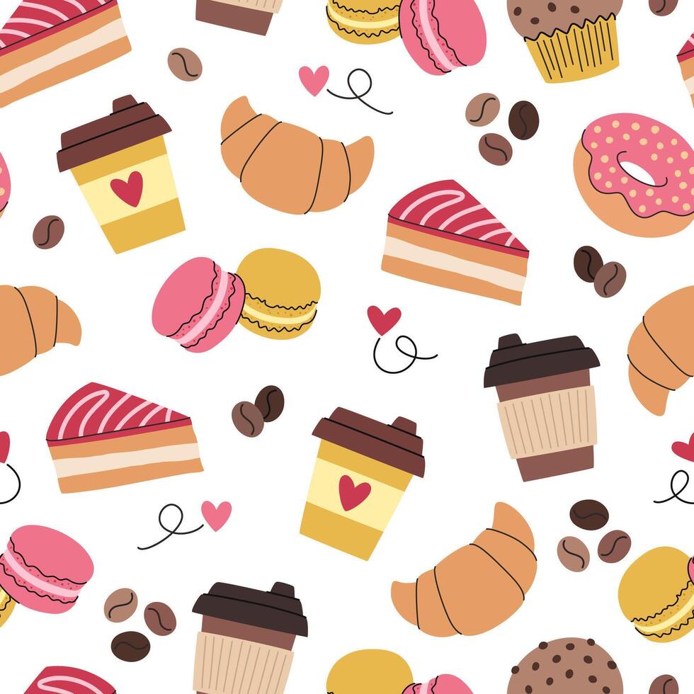Pattern of desserts and coffee cups vector