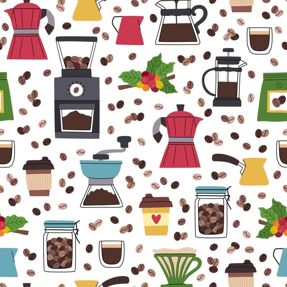 Colorful coffee brewing tools and beans pattern vector