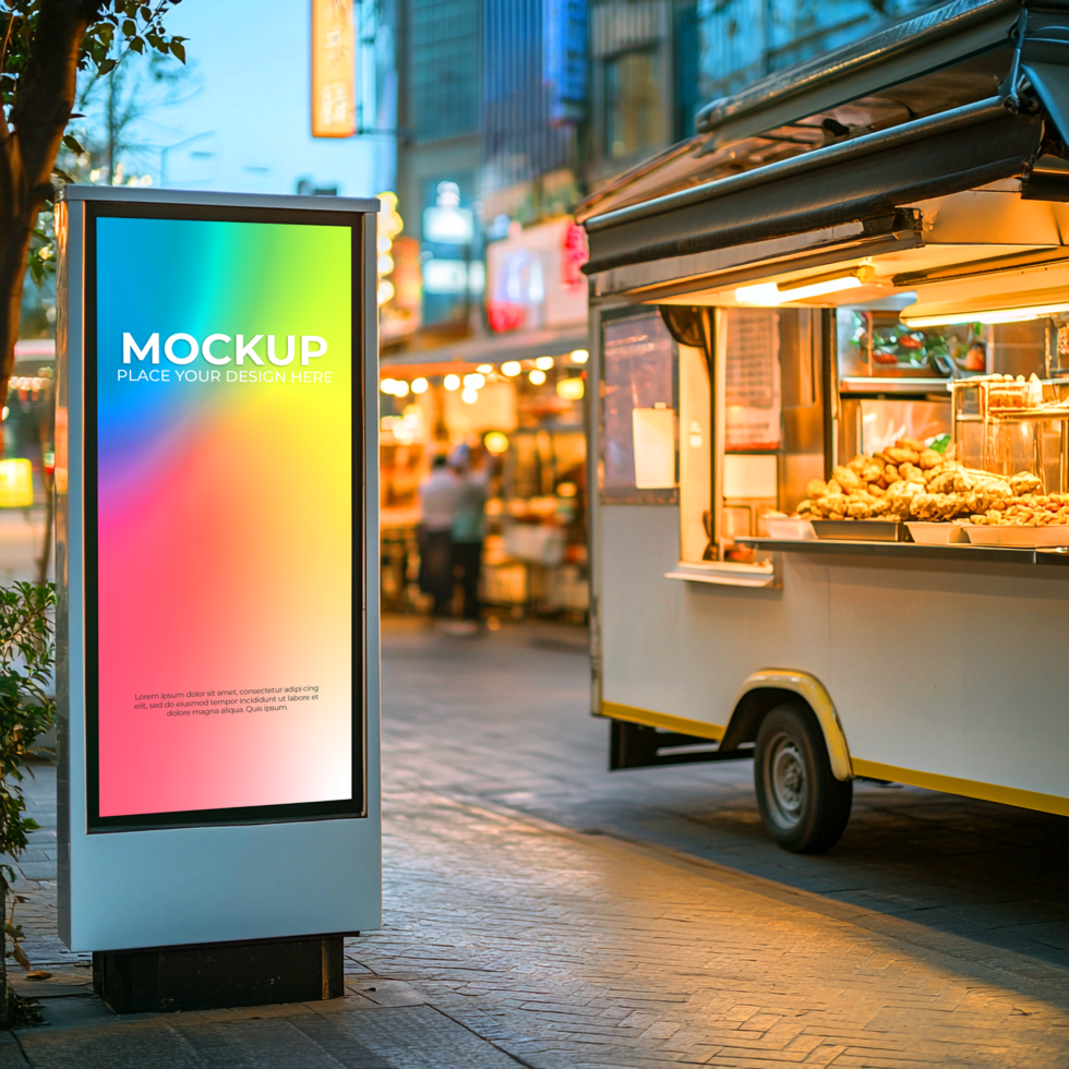 Outdoor Advertising Digital Signage in Urban Night Market Setting Vibrant Display Food Kiosk psd
