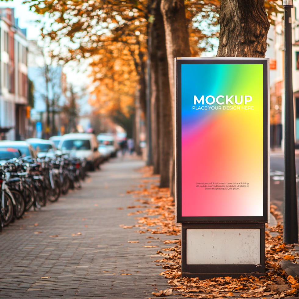 Outdoor Advertising Mockup City Street Autumn Leaves Billboard Design psd