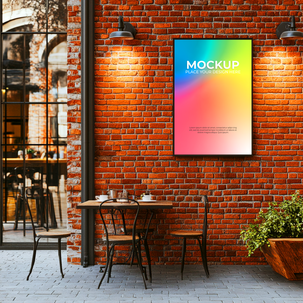 Vibrant Poster Mockup Cafe Brick Wall Setting psd