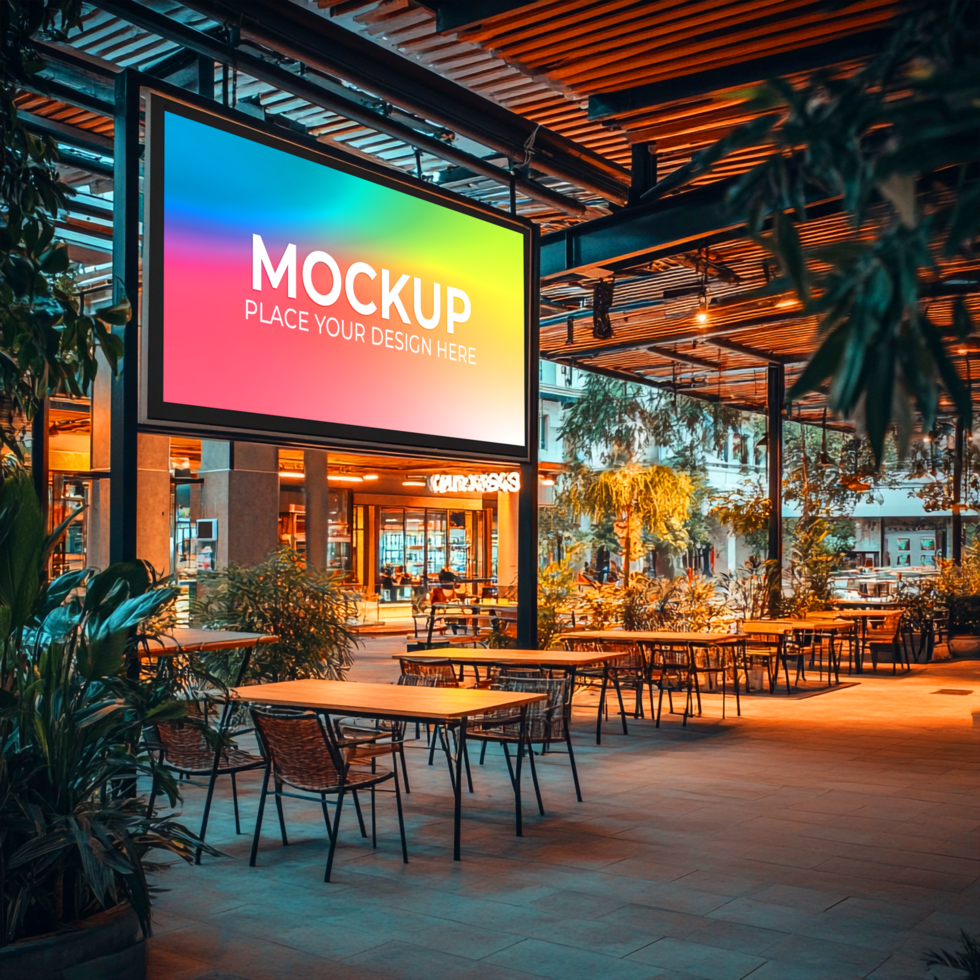 Outdoor Restaurant Mockup Vibrant Digital Signage Display in Lush Setting psd