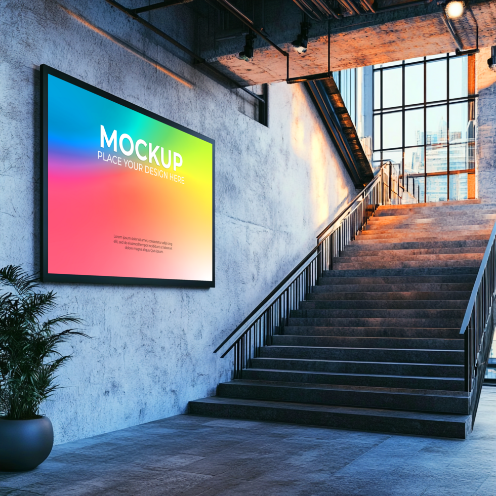 Vibrant Digital Signage in Modern Building Lobby Interior Design Inspiration psd