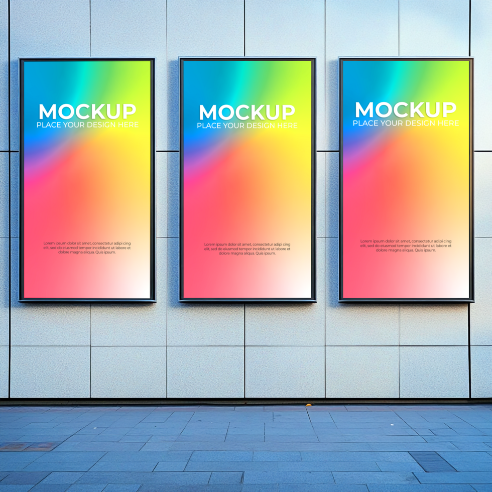 Vibrant Rainbow Gradient Mockup Three Vertical Billboard Designs on City Wall psd