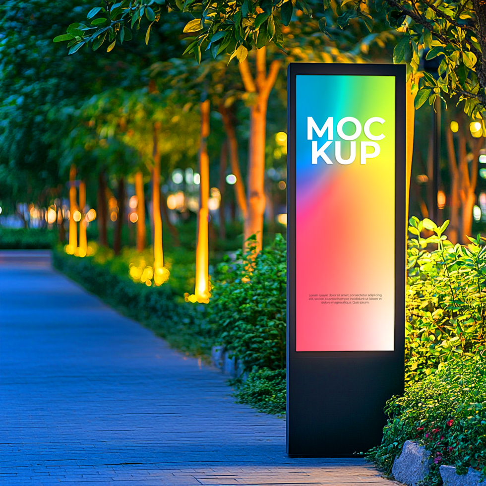 Outdoor Digital Signage Mockup Illuminated Totem in Lush Park Setting psd